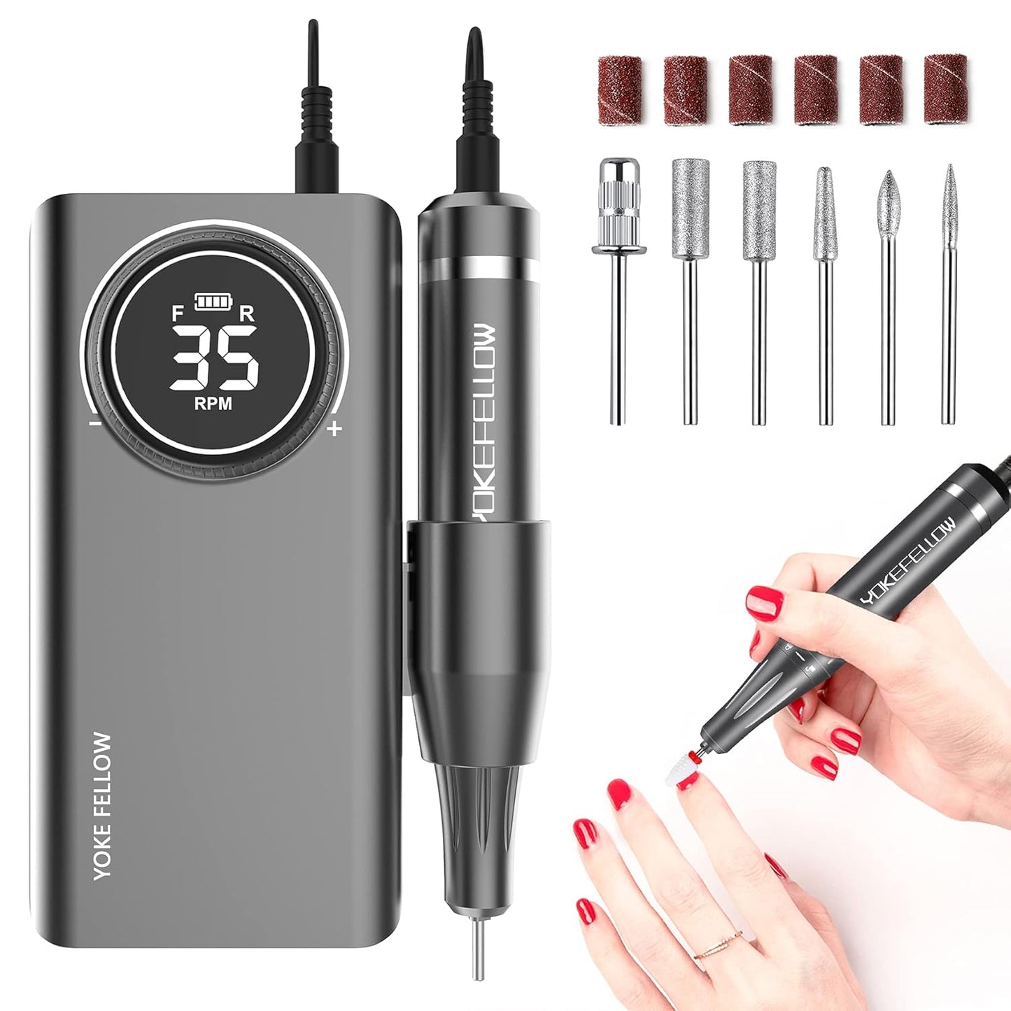 YOKE FELLOW Nail Drill Machine - 35000RPM Electric Nail File Nail Drills for Acrylic Nails Professional with 6 Drill Bits for Manicure Pedicure Home DIY Salon Use