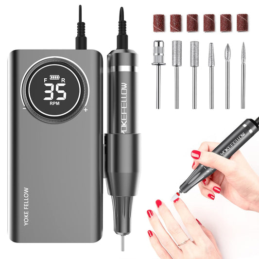 YOKE FELLOW Nail Drill Machine - 35000RPM Electric Nail File Nail Drills for Acrylic Nails Professional with 6 Drill Bits for Manicure Pedicure Home DIY Salon Use