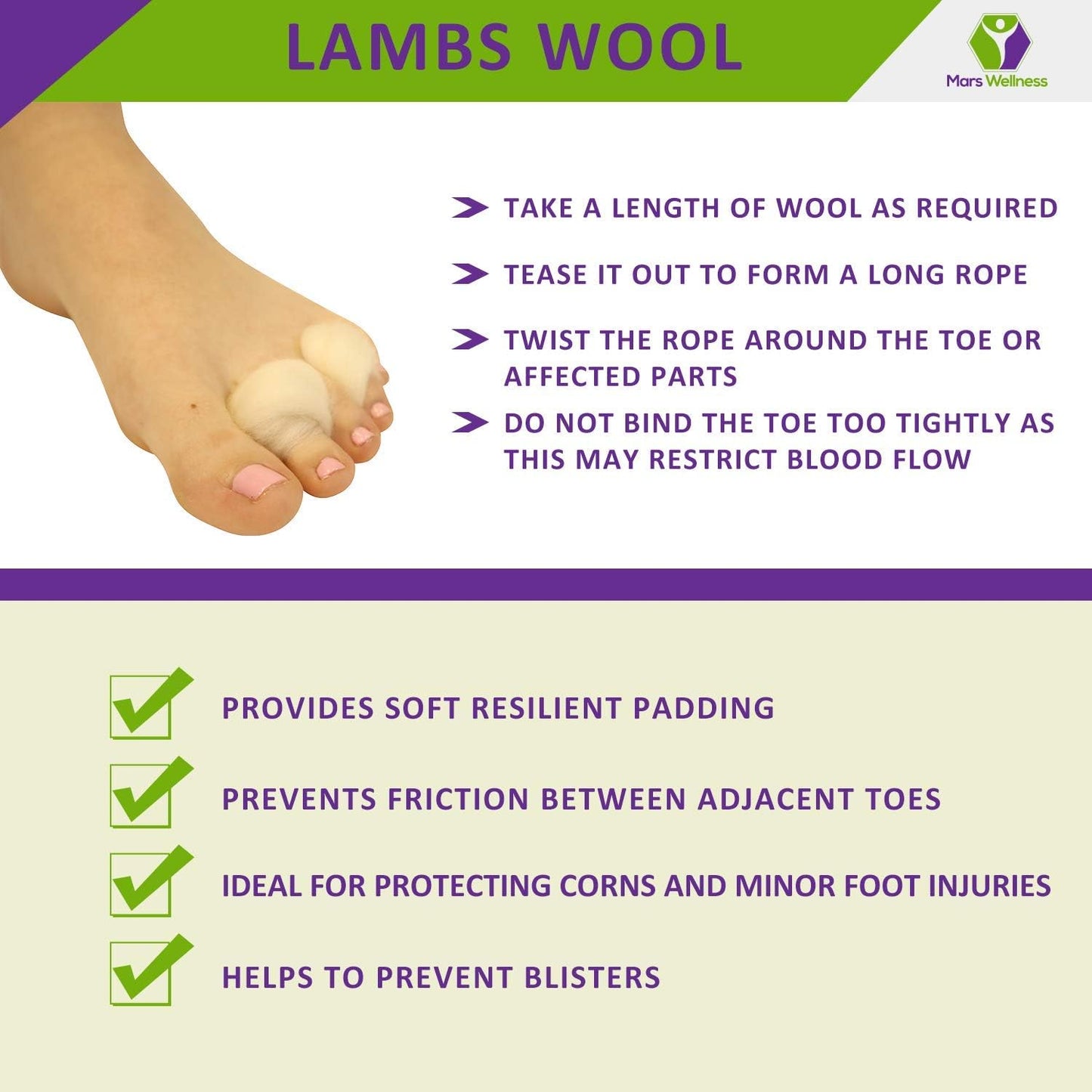 Lambs Wool for Feet Super Soft Cushioning and Toe Seperator - 3/8 oz - Lambs Wool for Toes for Hiking, Dance, Walking and Running - 2 Pack