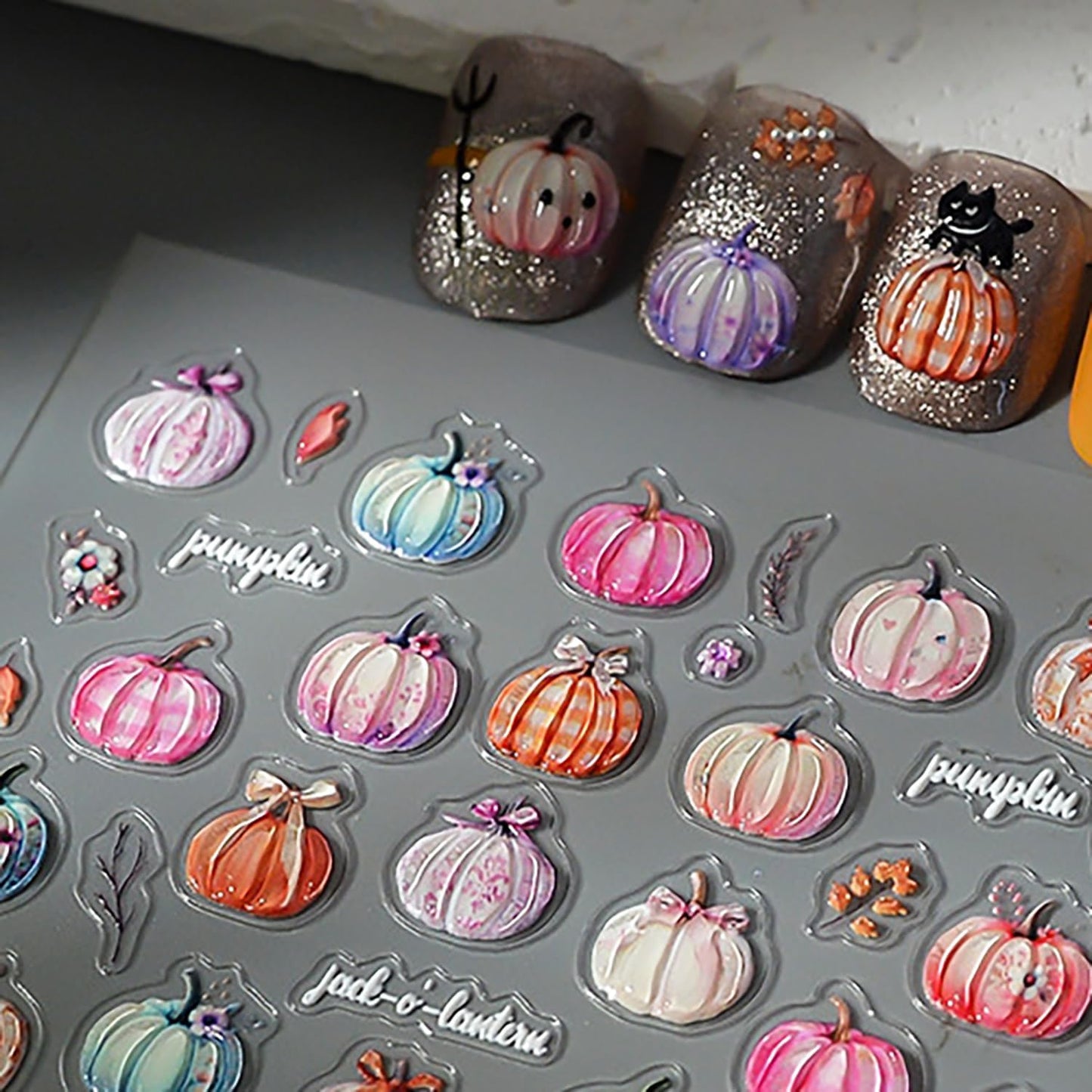 1 Sheets Fall Nail Decals for Nail Art 5D Self-Adhesive Embossed Pumpkin Nail Art Stickers Autumn Colorful Pumpkin Nail Stickers Thanksgiving Nail Design Sticker with Cute Small Flower for Women