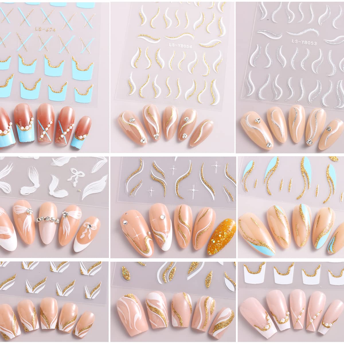 9 Sheets French Shining Line Nail Art Stickers 3D Glitter Wavy Stripe Nail Decals Metal Curve Stripe Lines Nail Art Supplies French Nail Tips for DIY Manicure Decoration for Women Girls Acrylic Nails