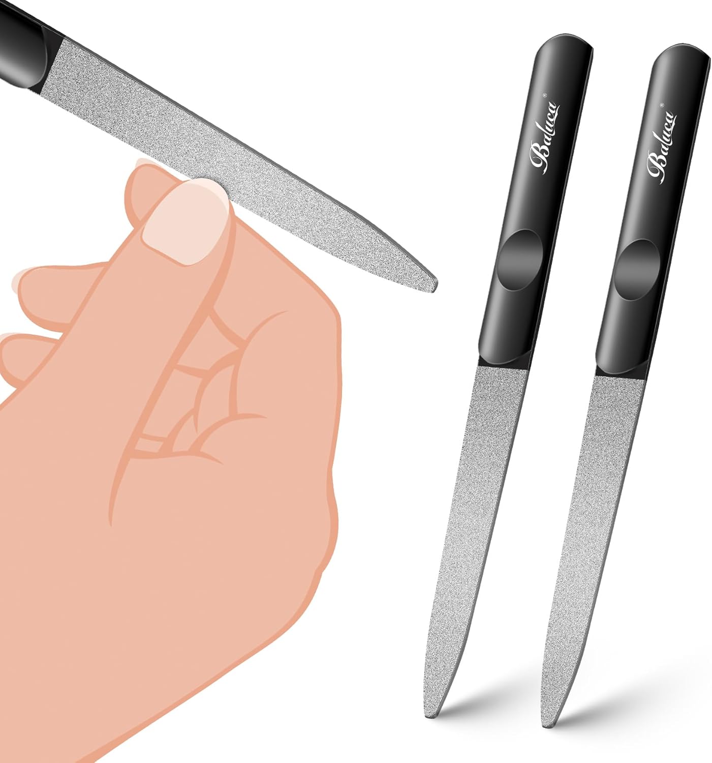 BALUCA Stainless Steel Diamond Nail File for Natural Acrylic Nails, Double Sided Metal Fingernail Toenail File for Women, Durable and Efficient Nail Care Tool - Black