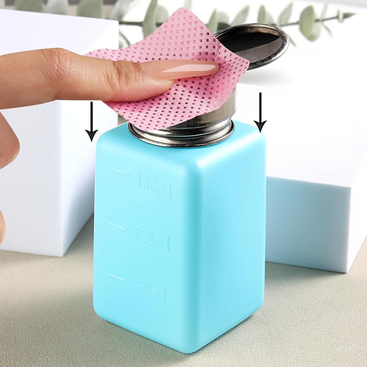 Pump Bottle Dispenser 180ml Nail Polish Remover Pump Metal Push Down Pump Dispenser 200Pcs Lint Free Nail Wipes Alcohol Dispenser Eye Makeup Remover Pump Push Down Empty Bottle -Blue