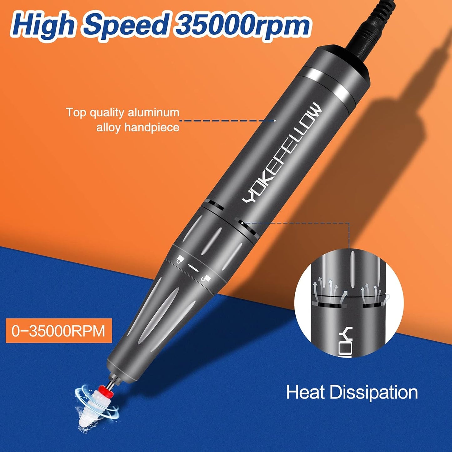 YOKE FELLOW Nail Drill Machine - 35000RPM Electric Nail File Nail Drills for Acrylic Nails Professional with 6 Drill Bits for Manicure Pedicure Home DIY Salon Use