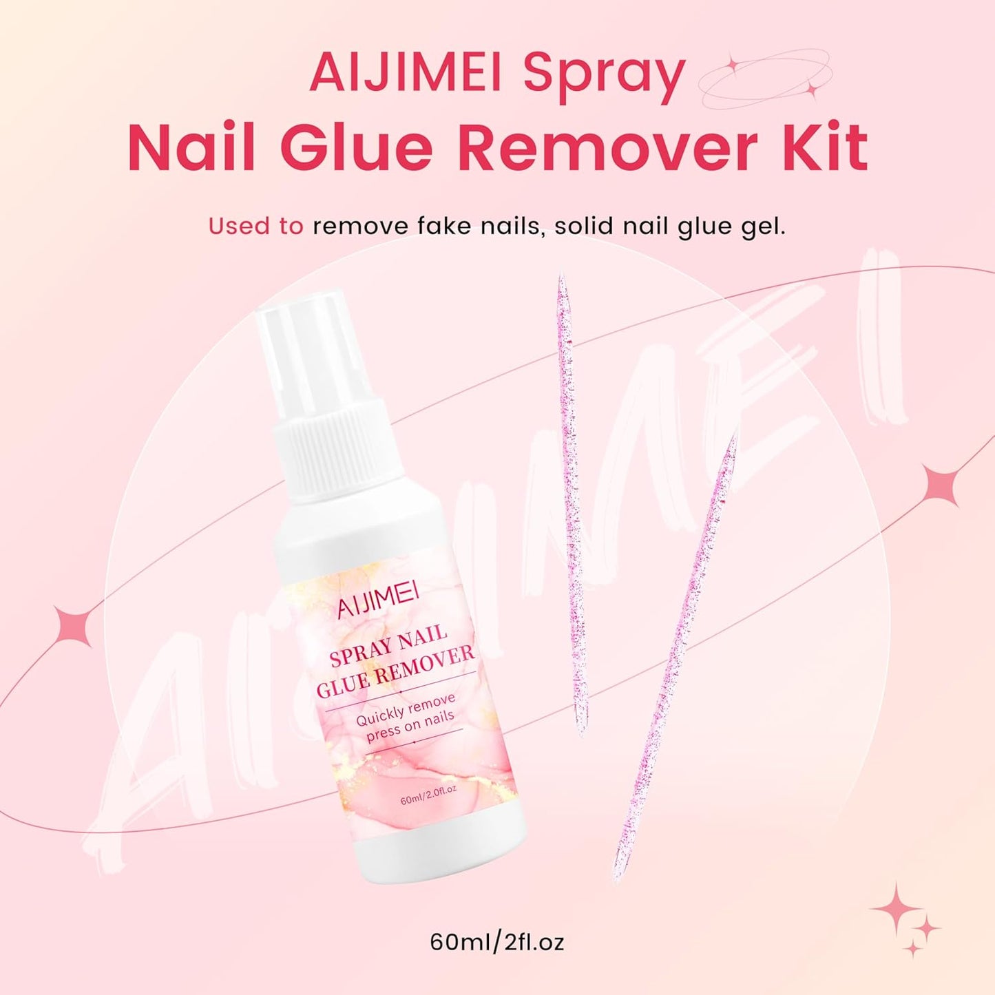 AIJIMEI Spray Nail Glue Remover 60ml 2fl.oz for Press on Nails Remove Solid Glue Gel Flase Tips with 2pcs Crystal Rod Nail Art Kit for Home
