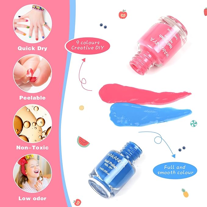 wakaniya Kids Nail Polish - Quick Dry Mini Nail Polish Set for Girls with Gems Stickers, 9 Colors Non-Toxic Water-Based Peel-Off Low Odor Toddler Nail Set for Ages 3+
