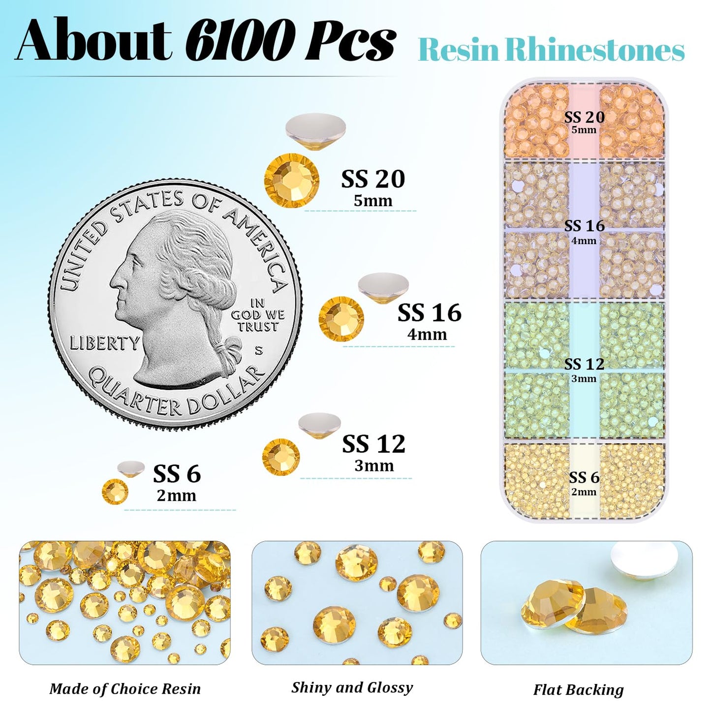 6100Pcs Resin Rhinestones for Bedazzling with 2Pcs 10ml B7000 Jewelry Glue, 1 Box Flatback Crystals Diamond (Golden Yellow) for Crafting Crafts, Gems for Clothing Shoes Tumblers Nail Art