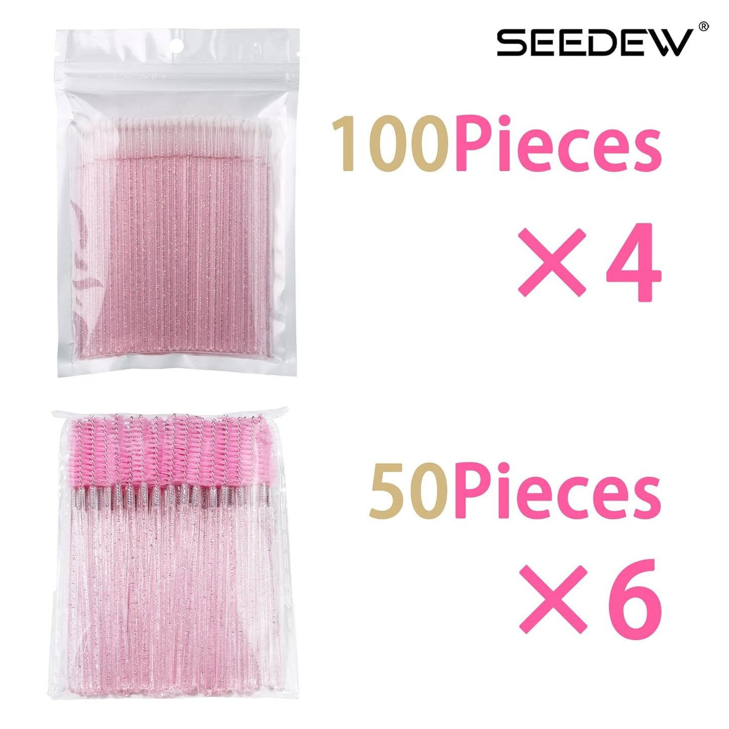 (400+300 Pieces) Pink Crystal Handle - 400 Cotton Swabs + 300 Brushes for Lash Extensions, Makeup (Simple Packaging)-(Crystal Pink)