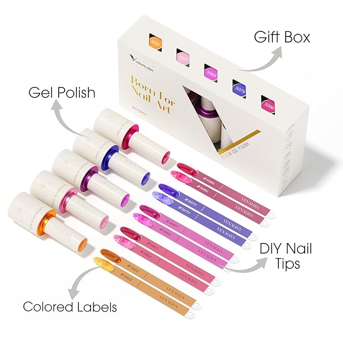 VENALISA 10 ML Jelly Gel Nail Polish Set with DIY Nail tips Kit, 5 Pcs Transparent Yellow Purple Red Gel Polish Color High Gloss Soak Off U V Nail Manicure Salon DIY