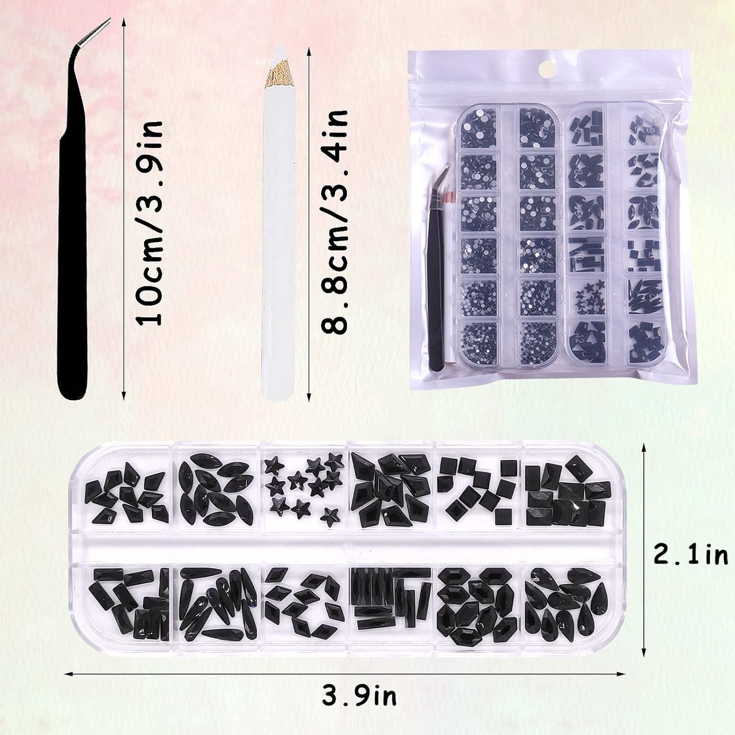 3120Pcs Black Nail Art Rhinestones Crystal,HOINCO 3D Rhinestones Gems Jewels Diamond for Acrylic Nails for Nail Art DIY Crafts with Tweezers and Pen