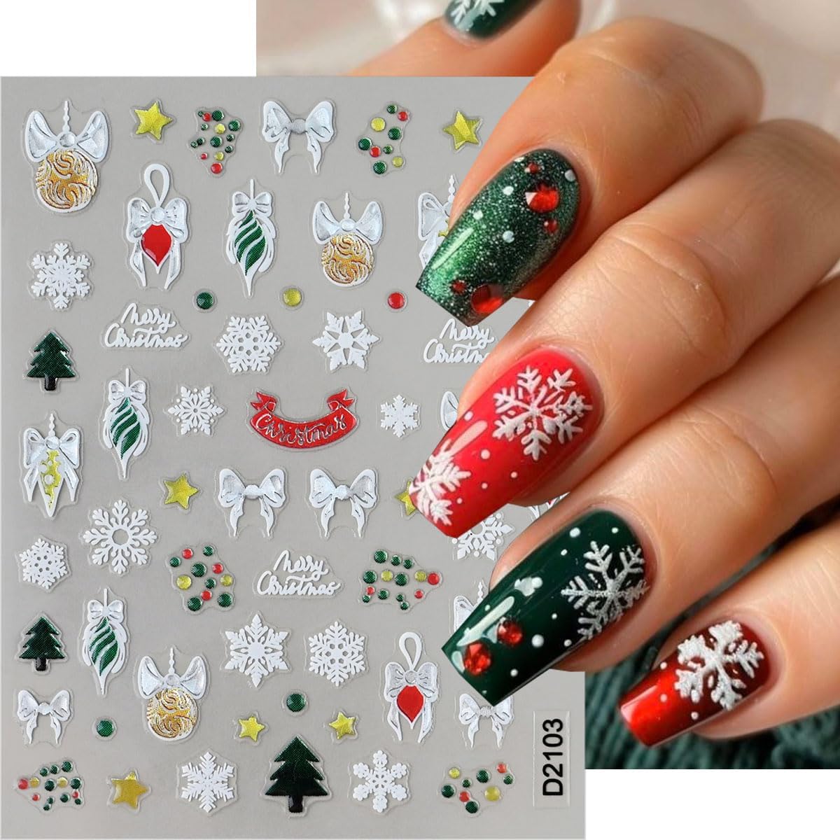 6 Sheets Christmas Nail Stickers, Christmas Tree Bell Snowflake Nail Art Stickers 3D Self-Adhesive Nail Art Supplies Santa Claus Elk Design Winter Xmas Nail Decals for Women DIY Holiday Manicure Decor