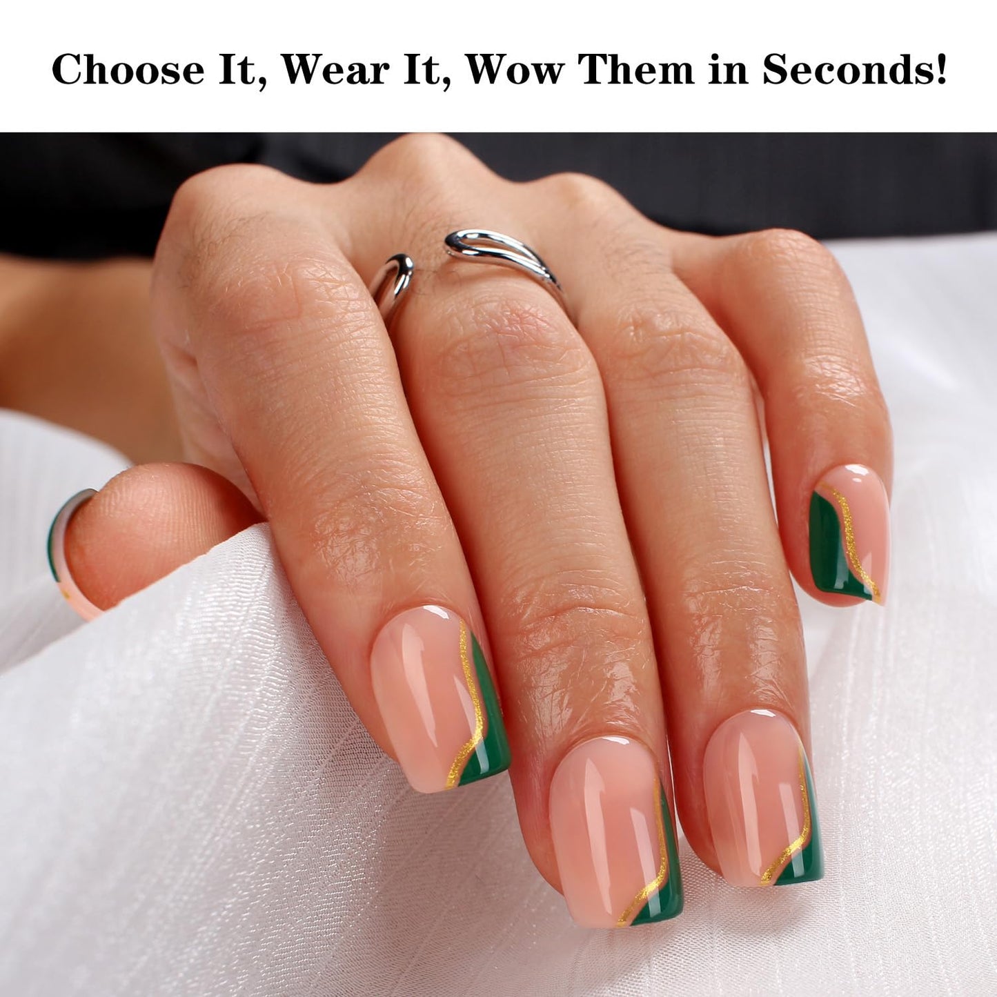 Green French Press-On Nails with Gold Wave Design, Nude Base Short Square Shape, Glossy Gel Finish, 30pcs Reusable Acrylic False Nails Kit for Women, Easy Stick-On Manicure