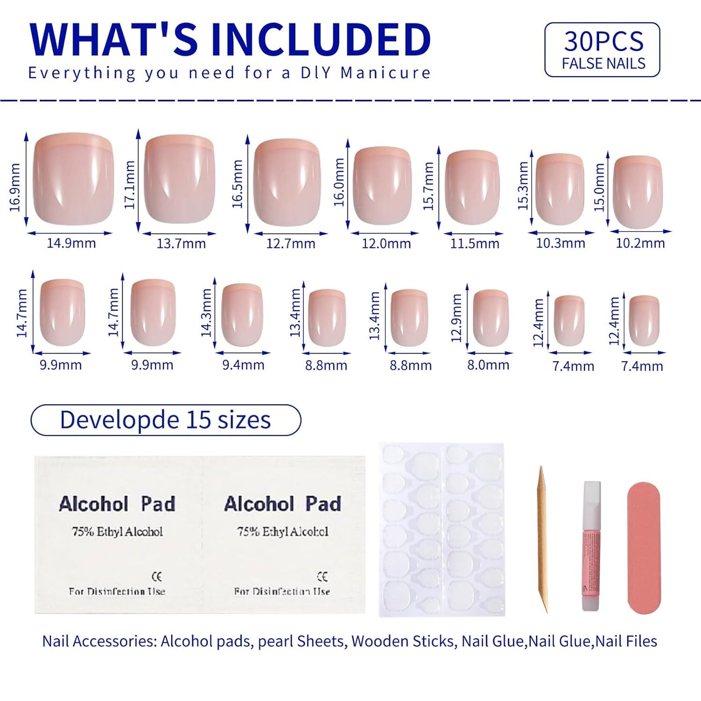 Pink French Tips Press On Nails Short, Glossy Soft Gel Press On Nails Square with Nail Glue, 15 Sizes - 30 Fake Nails Kit, Thick Natural Reusable Glue On Nails for Women, Rosy Tips