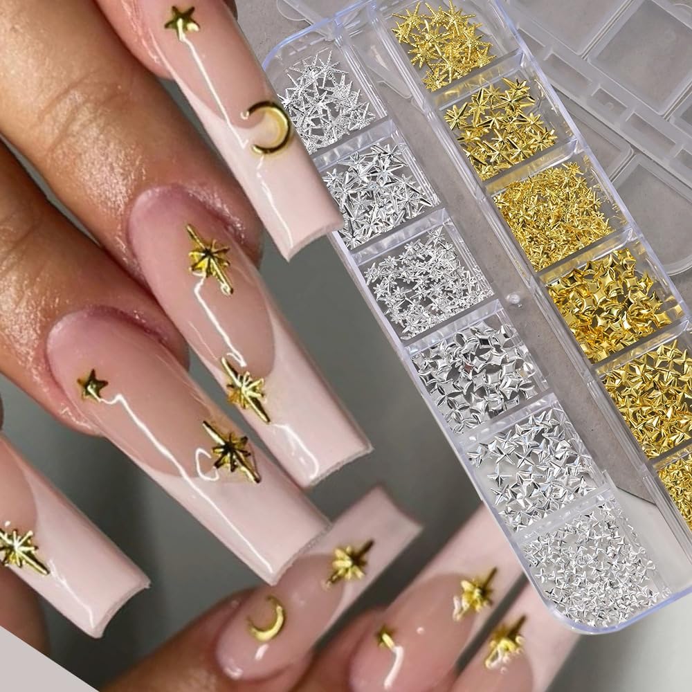 3D Star Nail Charms, Gold & Silver Multi-Shapes Metallic Nail Art Gems and Small Round Caviar Beads, Craft Jewels Nail Rhinestones Accessories Manicure Decor with Tweezers and Pick-up Pencil 4