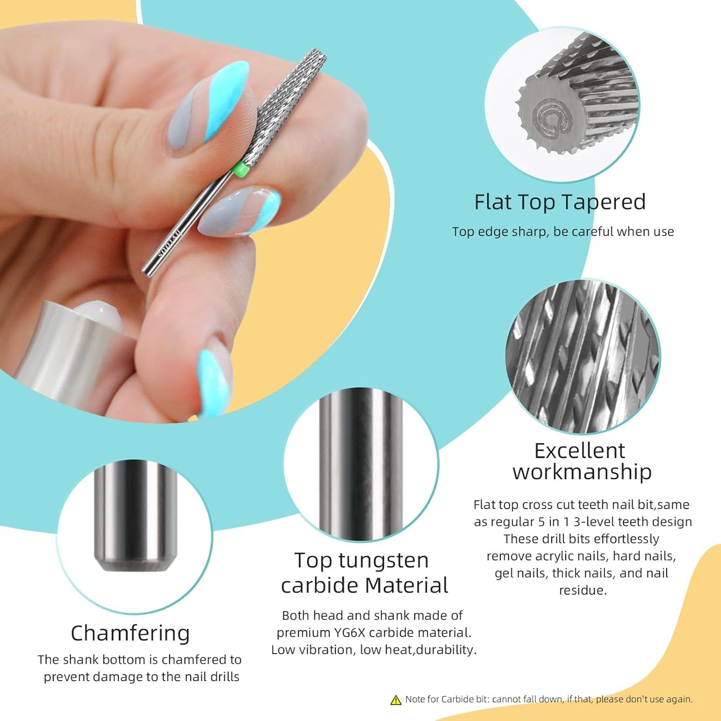 5 in 1 Nail Drill Bits, 24mm Flat Top Tapered Professional Tungsten Carbide Bit for Gel Polish & Acrylic Removal, Electric File Manicure Drills Accessories Tool,C