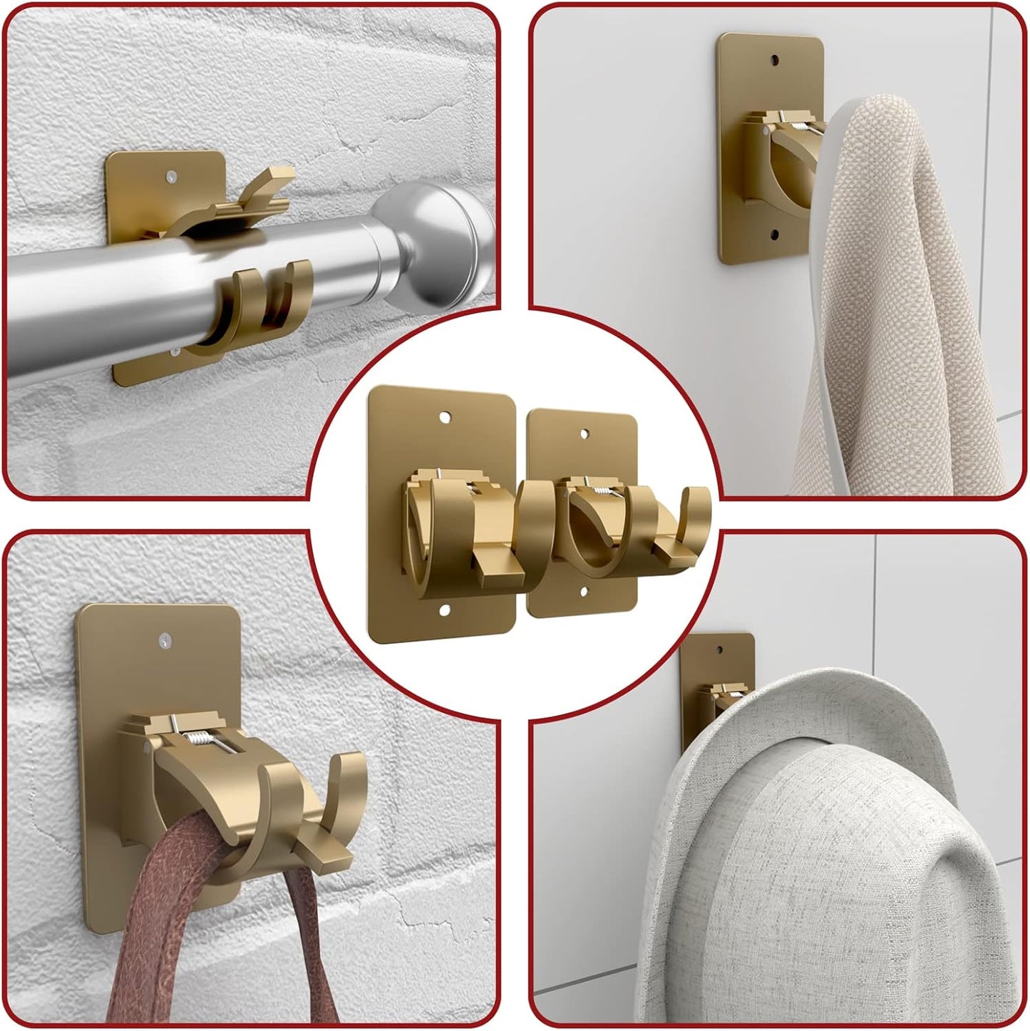 CIEMGNZOC 6PCS No Drill Curtain Rod Brackets, Self-Adhesive Curtain Rods No Drilling, Nail Free Adjustable Curtain Rod Holders, Curtain Hooks for Rod Less Than 1.57 Inch Diameter (Gold)