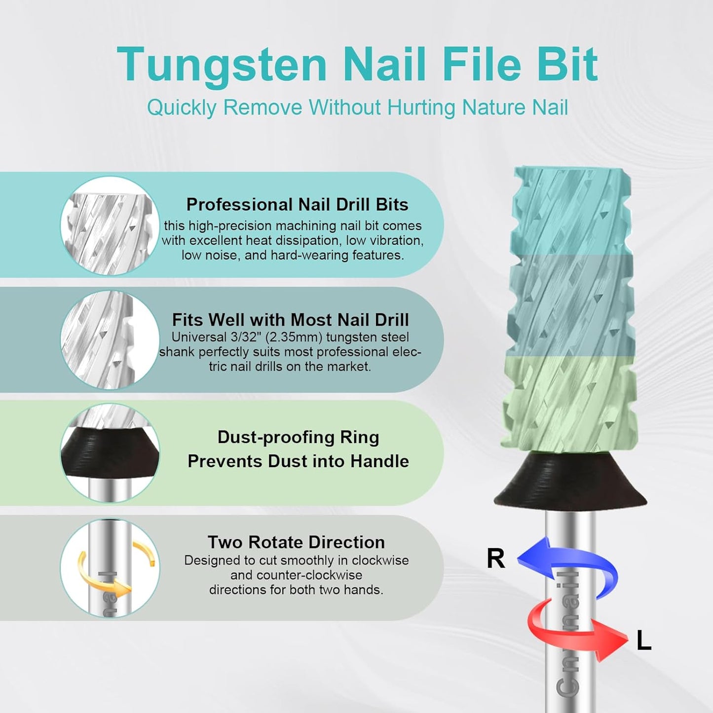 3/32" Large Tapered Barrel Flat Bit Tungsten Carbide Nail Drill Bit Safety Bit for Gel & Acrylic Removal, 2- Way Rotating Efile Tip, Salon Electric File Accessory (XC Girt, Silver)