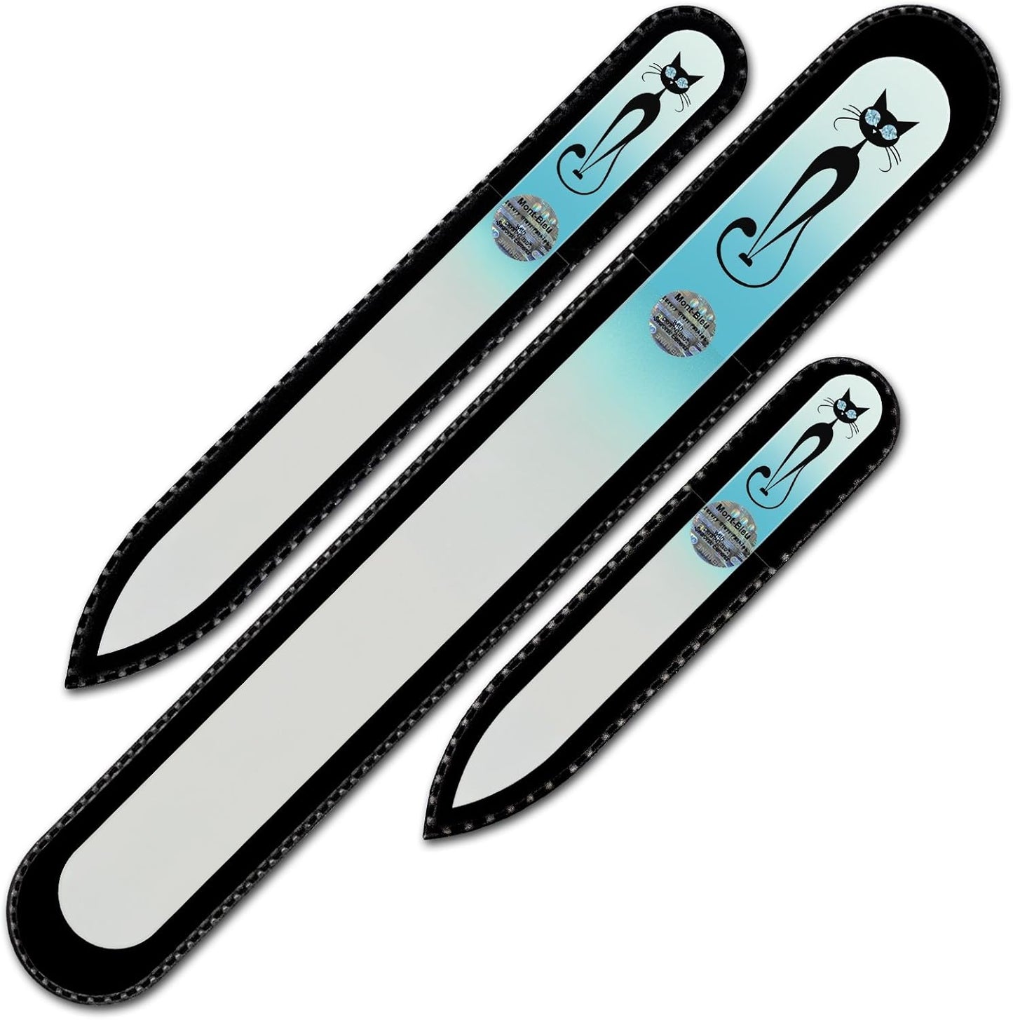 Mont Bleu Set of 3 Cats Crystal Nail Files hand decorated with crystals from Swarovski - Handmade - Czech Tempered Glass - Lifetime Guaranty - Nail Care Gift Set - Czech Glass Nail Files Set