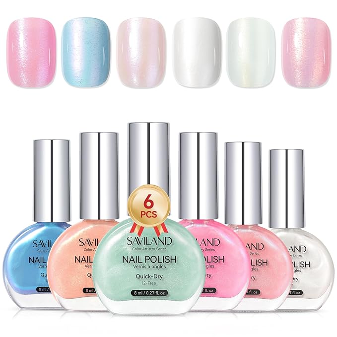 SAVILAND Color Artistry Nail Polish Set: Quick Dry Mermaid Nail Polish 6-Color Pearl Pink Blue White Nail Lacquer Polish Kit 12-Free with Castor Oil Sheer Color Nail Art DIY Manicure Aurora Nail