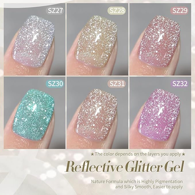 Born Pretty Reflective Glitter Gel Nail Polish, 6 Spring Summer Colors Holographic Gel Polish Long Lasting Sparkly Shiny Nail Polish U V Set for Manicure and Nail Art, DIY at Home, Salon-Quality 7ml
