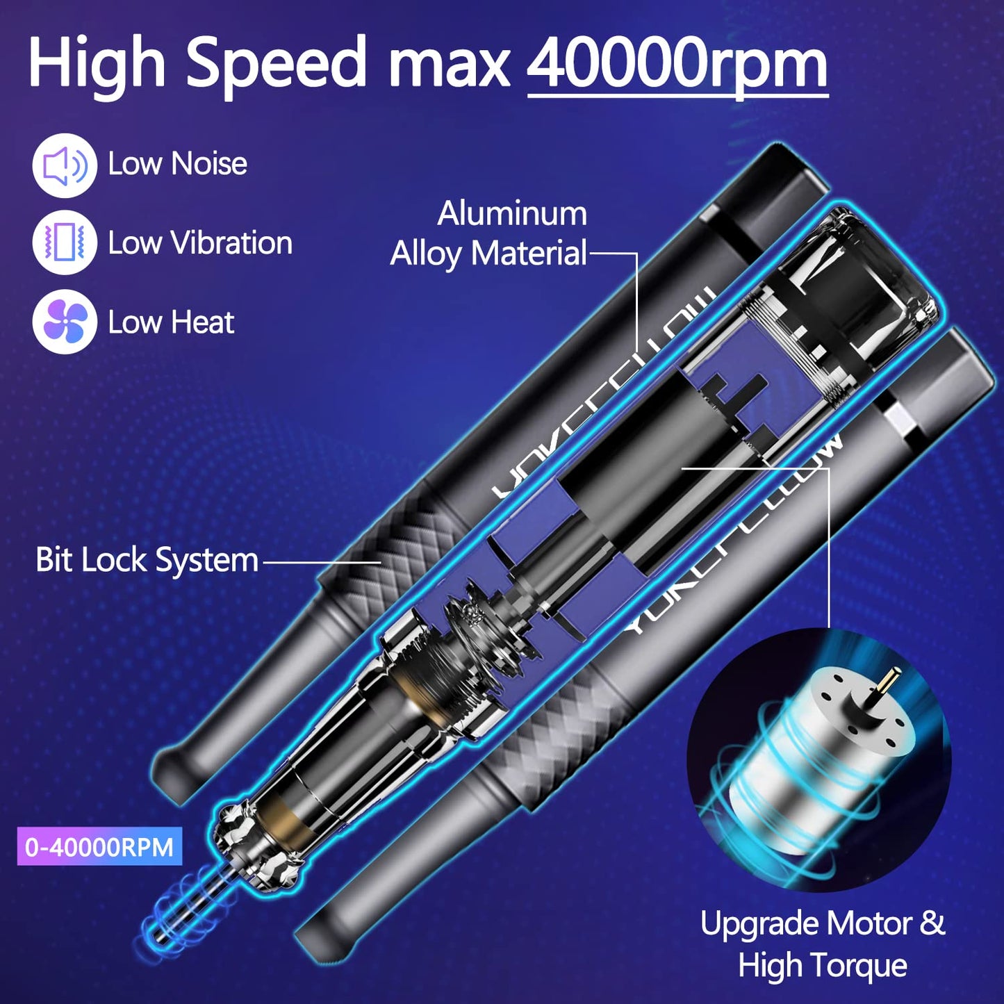 Yokefellow Nail Drill Machine, 40000 RPM Rechargeable & Desktop Portable Engraving Drill for Glass Engraving Pen Tools Grey