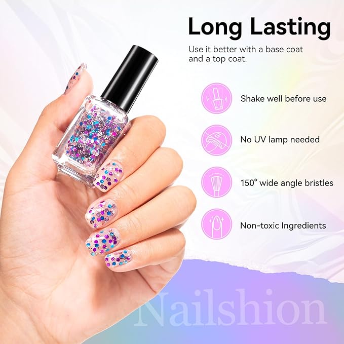 Sparkle Nail Polish, Purple Blue Rose Gold Glitter Nail Polish with Hexagon Glitter, Air Dry No Need U/V Lamp, Iridescent Geometric Sparkle Nail Art DIY Home Travel Manicure Gift