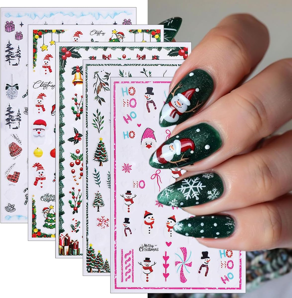 5 Sheets Christmas Nail Stickers 3D Self-Adhesive Dwarf Santa Claus Snowflake Xmas Trees Nail Decals Cute Elk Penguin Nails Design Stickers Winter Nails Supplies for Women Holiday DIY Manicure Decor