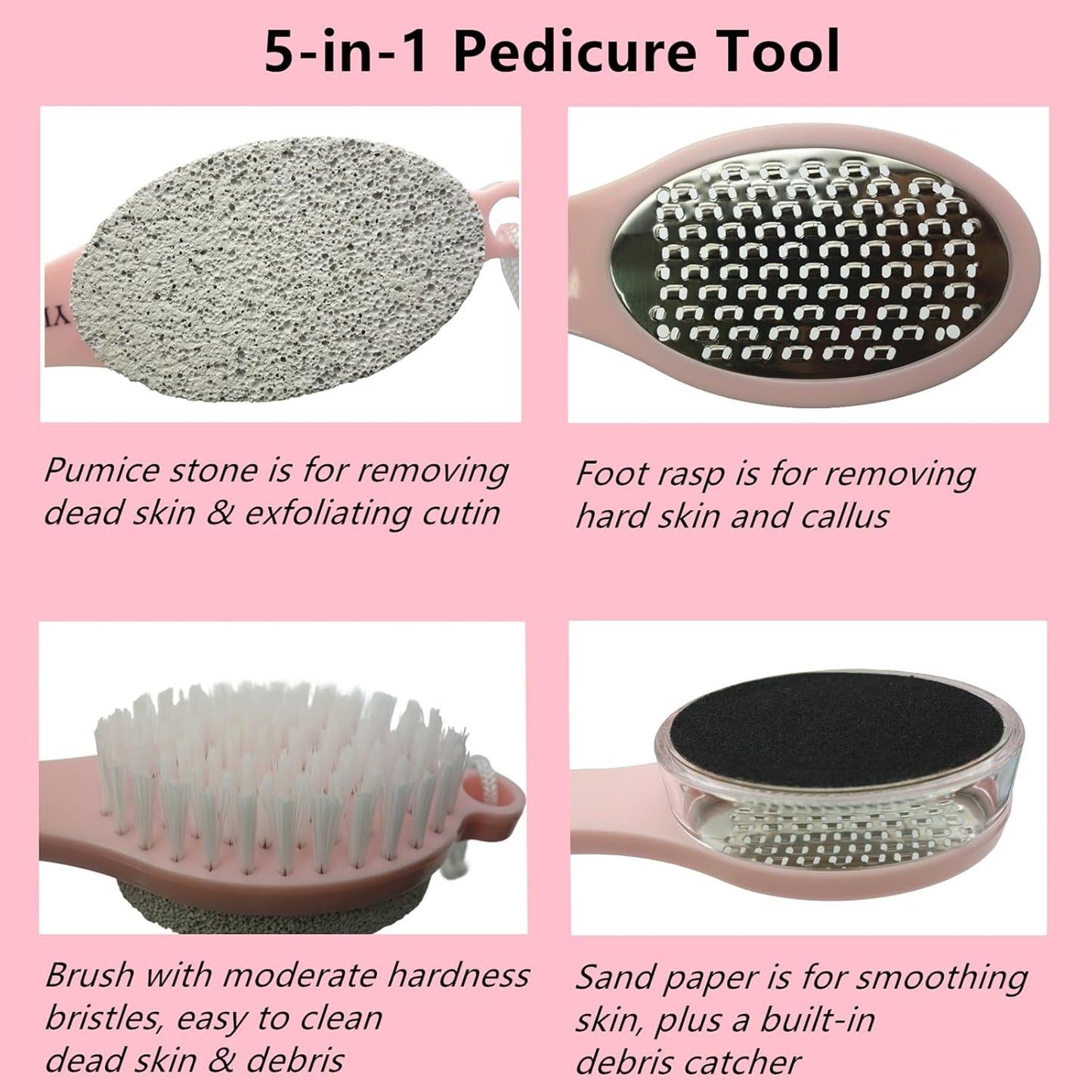Foot File Callus Remover 5-in-1, Feet Scraper Pedicure Tools with Pumice Stone, Foot Scrubber Brush, Stainless Steel Foot Rasp and Sand Paper Debris Catcher, Multi Purpose for Home Foot Care