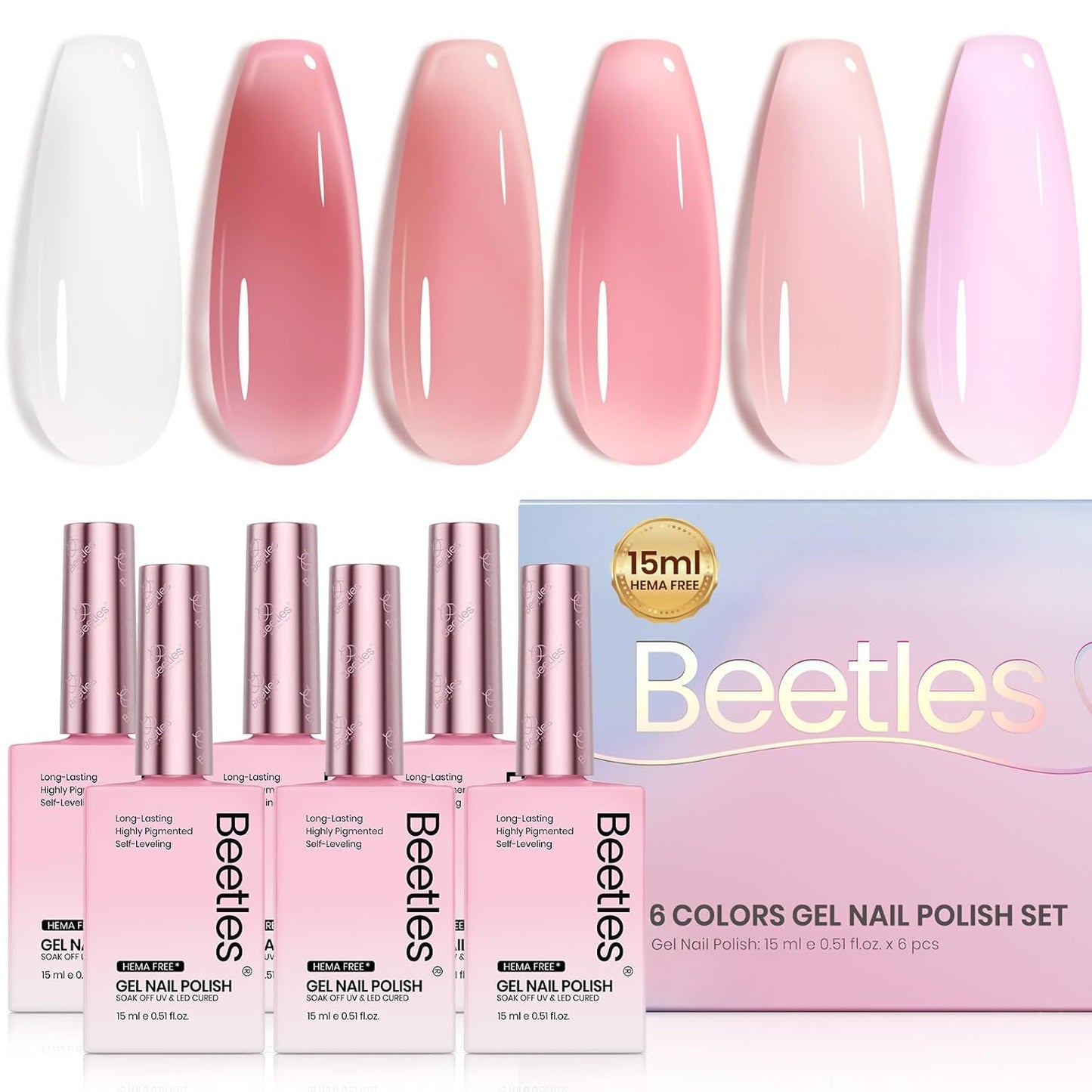 Beetles Nude Gel Nail Polish Set - 6 Colors Hema Free Summer 15ML Jelly Gel Polish Neutral Nude Pink Milky White Sheer Translucent Effect Full Size Soak Off UV Salon Colorful Bottle Gel Gift for Women