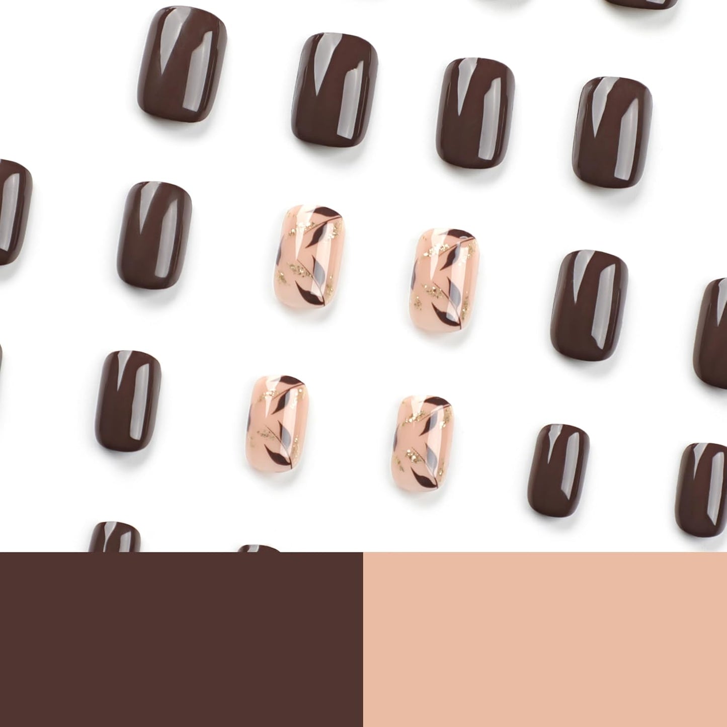 Dark Brown Press on Nails Short Square Fake Nails with Golden Leaf Accents Glitter Designs, Glossy Gel Finish Acrylic Short Fake Nails, Thick Natural Glue on Nails Kit for Women, 24Pcs
