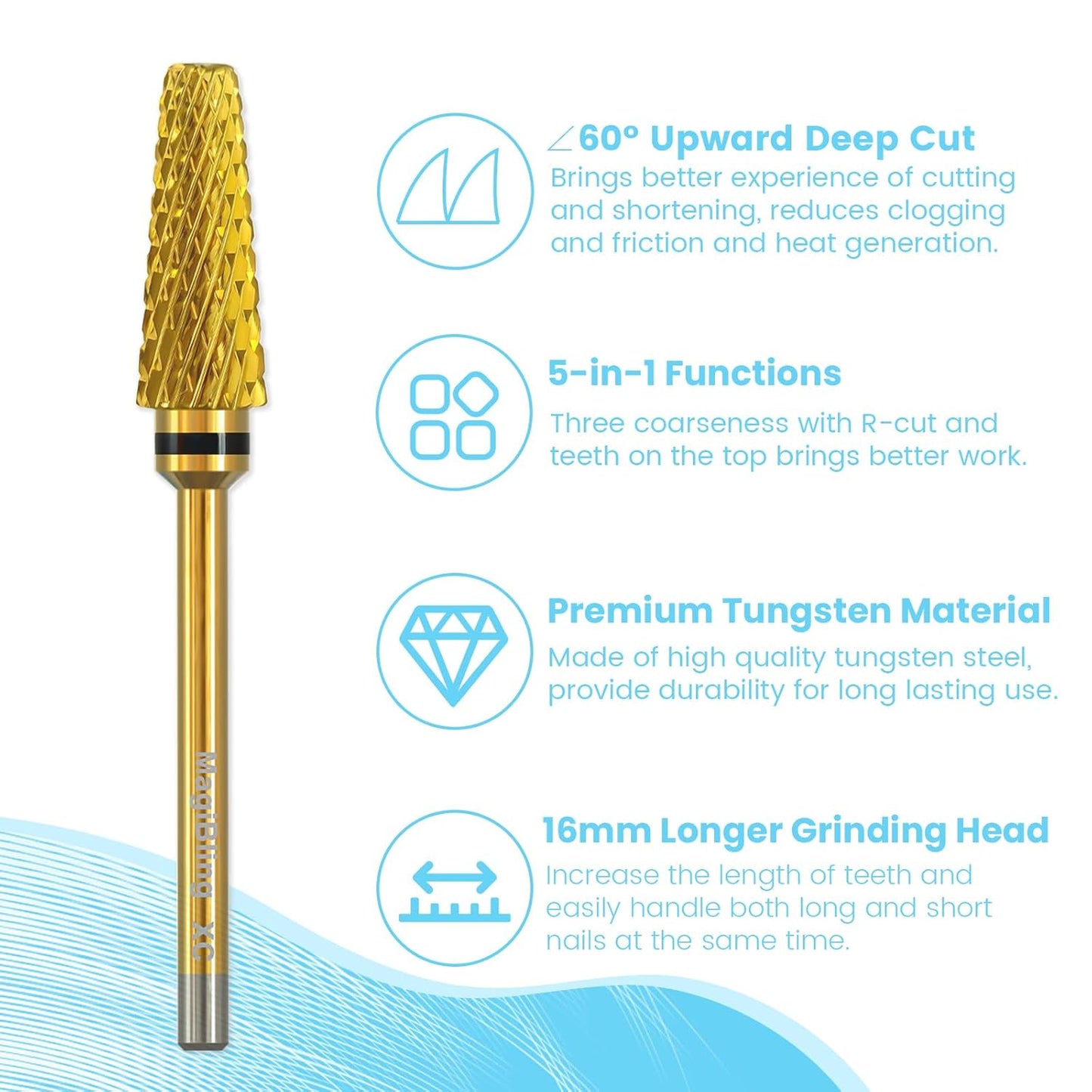 Super Cut 5 In 1 Nail Drill Bits，Tapered 3/32'' Safety Tungsten Bits, Upward Cut for Hard Gel Removal, Right Hand Use, Manicure Cuticle Gel Polishing, Technicians Bits, Gold, Extra Coarse.