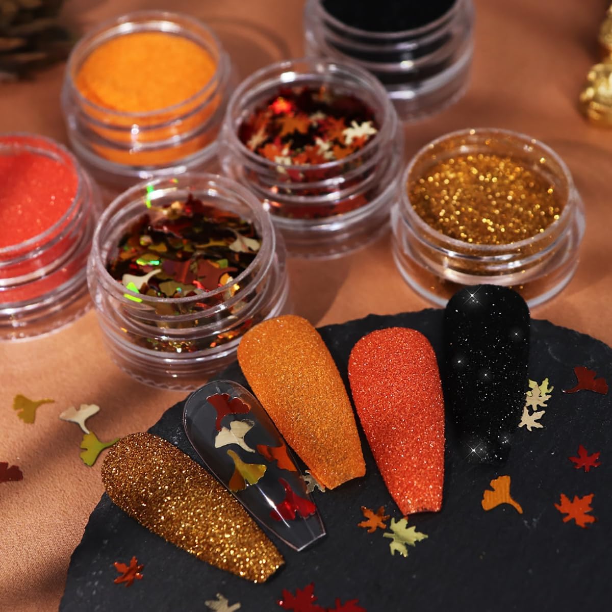 Fall Nail Glitters 3D Gold Maple Leaf Nail Sequins with Glitter Powder Gold Maple Leaves Shaped Sparkly Supplies Autumn Nail Stickers for Women Manicure Charms Thanksgiving Decorations 6 Jars
