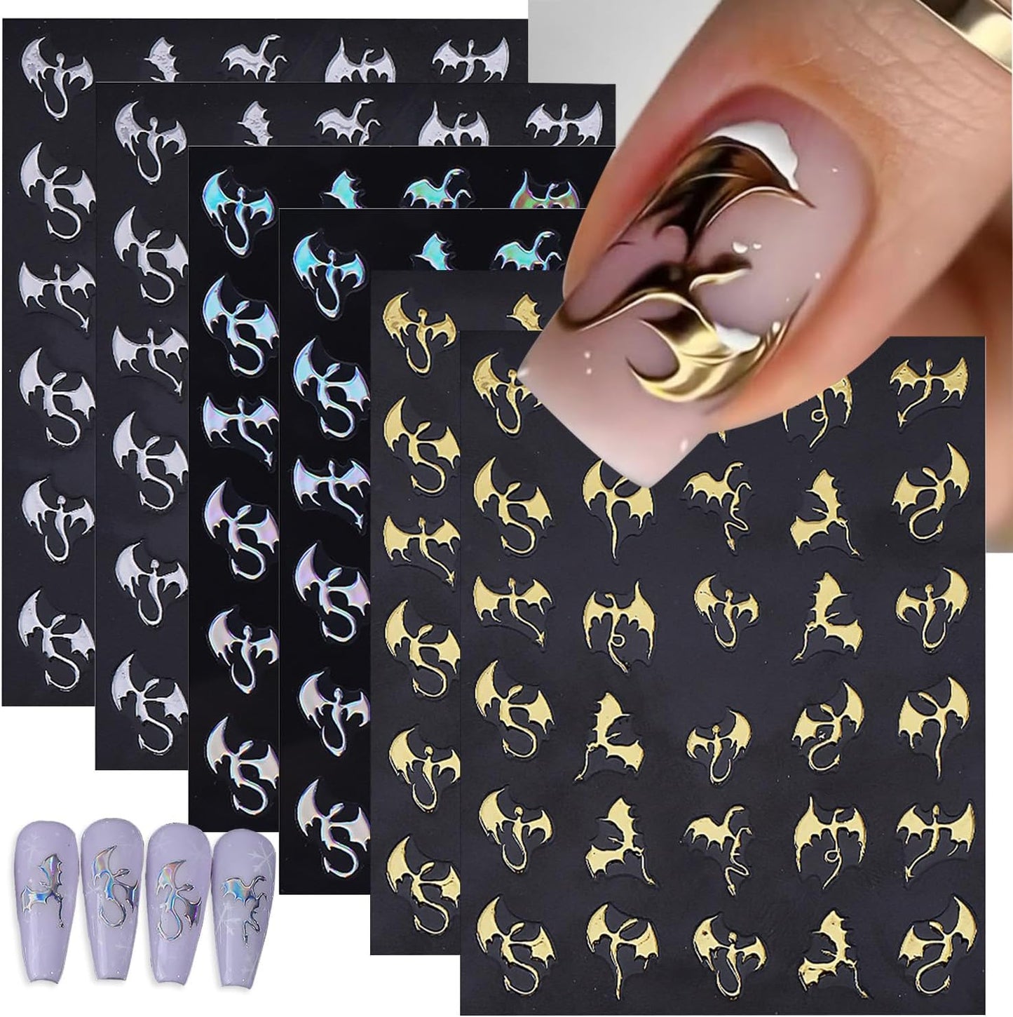 6 Sheets Halloween Bat Nail Stickers for Nail Art Glitter Laser Gold Silver Nail Decals 3D Self-Adhesive Gothic Dragon Nail Design Stickers Holiday Nail Art Supplies for Women DIY Women