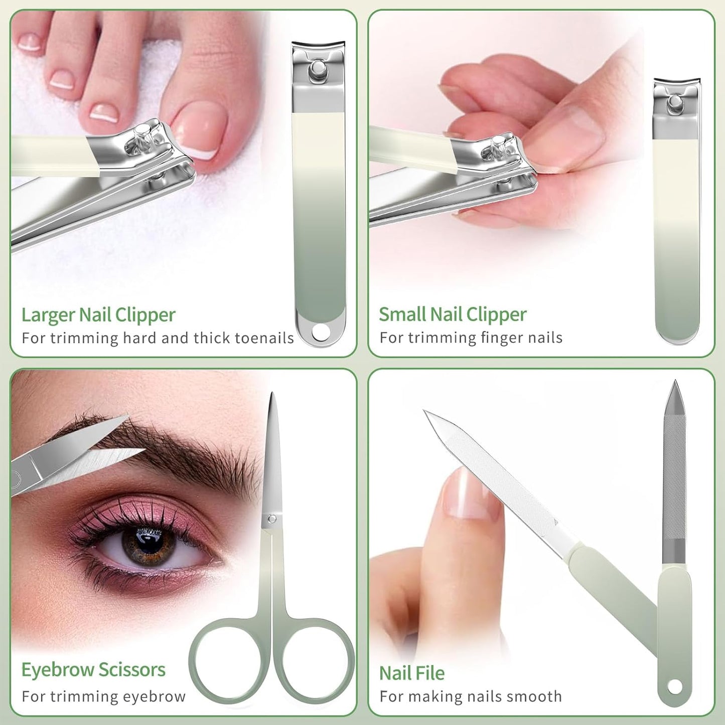 Manicure Set 10 in 1 Stainless Steel Nail Clippers Scissors Tweezers Grooming Kit with Travel Case (Green)