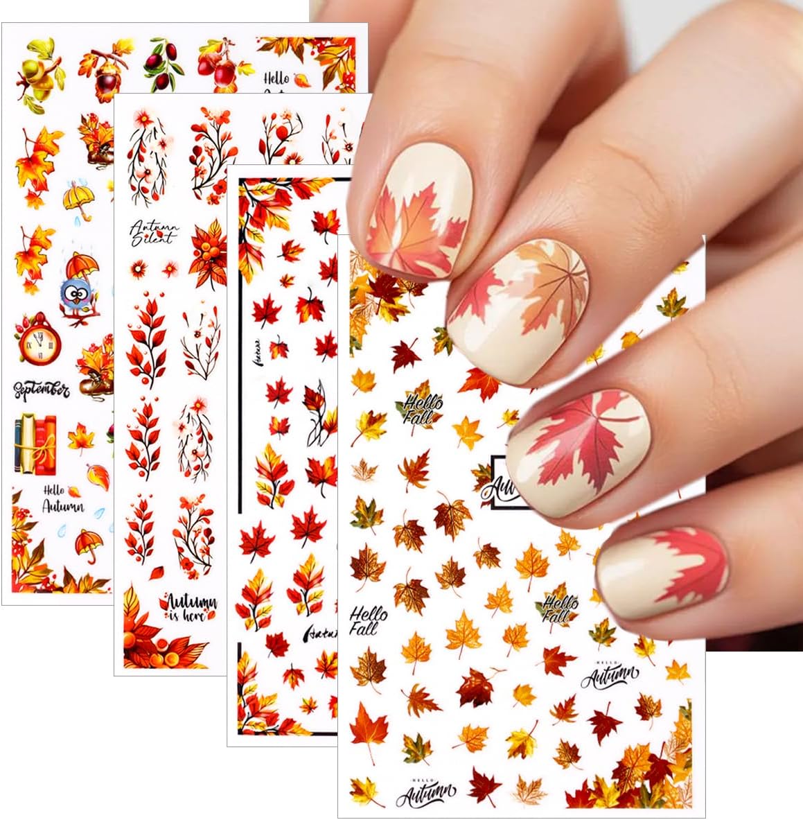 Fall Nail Art Stickers 8 Pcs 3D Self-Adhesive Thanksgiving Nail Decals Maple Leaves Pine Cone Deer Nails Designs Autumn Nails Decorations for Women DIY Manicure Art Supplies