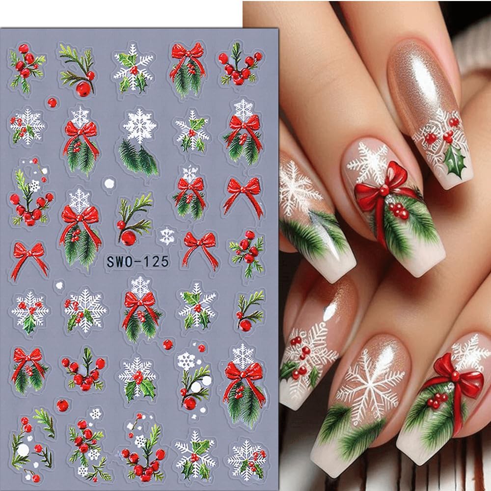 Christmas Nail Stickers 5D Embossed Christmas Tree Snowman Nail Art Stickers Winter Snowflake Nail Decals Self-Adhesive Bow Holiday Lights Design Sticker Xmas Cute Nail Art Decoration for Women 4Pcs