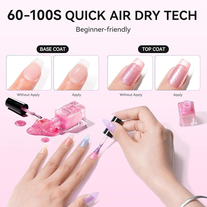 Nail Polish Set, Glitter Holographic Nude Peach Pink Shimmer Shades 16 Colors Nail Lacquer with Clear Base Top Coat & Remover Pads, Hema-free, Air Dry Non Gel