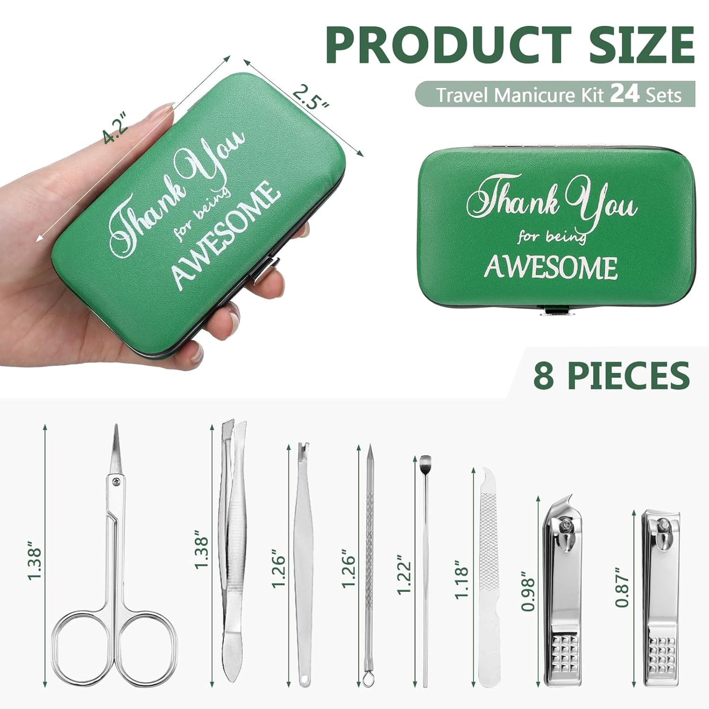 Therwen 24 Sets Manicure Set Nail Clippers 8 in 1 Stainless Steel Grooming Nail Kit Thank You Appreciation Gift Professional Pedicure Tool for Men Women Personal Care(Green)