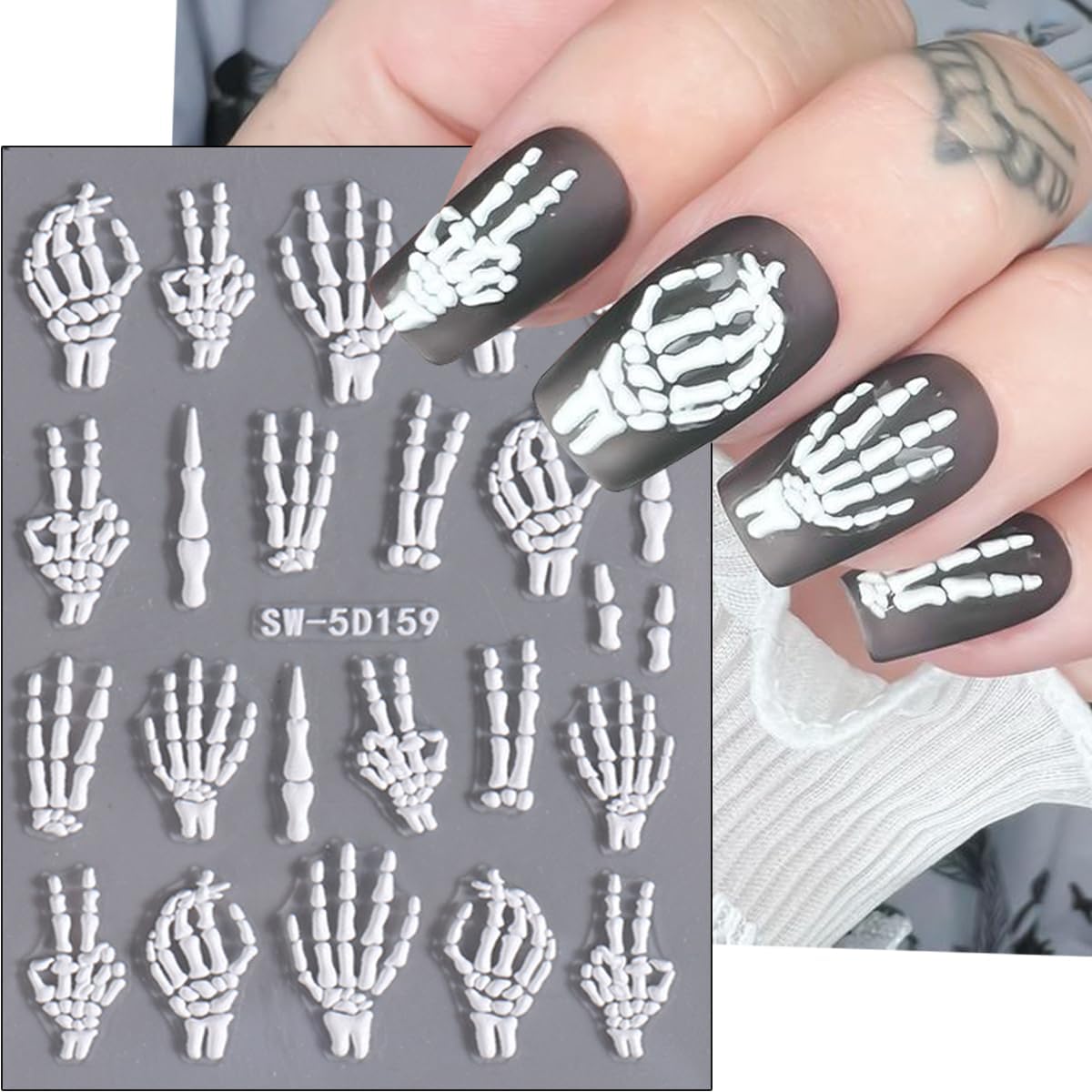 2 Sheets Halloween White Skeleton Bones Nail Art Stickers 5D Embossed Finger Skull Nail Stickers Design Self-Adhesive Skeleton Fingers Nail Decals for Women DIY Halloween Party Nails Decorations