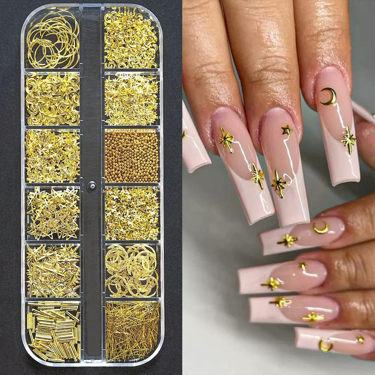 Gold Nail Charms Nail Art Kit with 30 Sheets Gold Nail Stickers 3D Star Moon Nail Charms Self-Adhesive Nail Decals Gold Nail Art Tools Kit Nail Supplies for Women Nails Manicure Nail Art Decoration