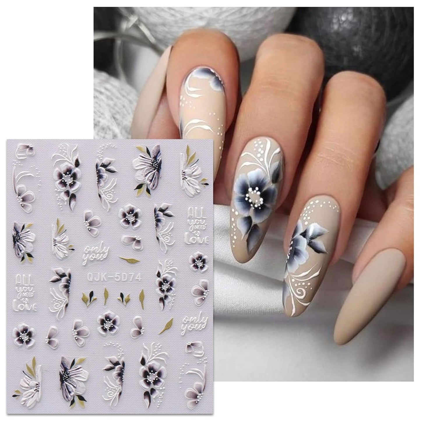 JMEOWIO 6 Sheets 3D Embossed Spring Flower Nail Art Stickers Decals Self-Adhesive Pegatinas Uñas 5D Colorful Summer Leaf Floral Nail Supplies Nail Art Design Decoration Accessories