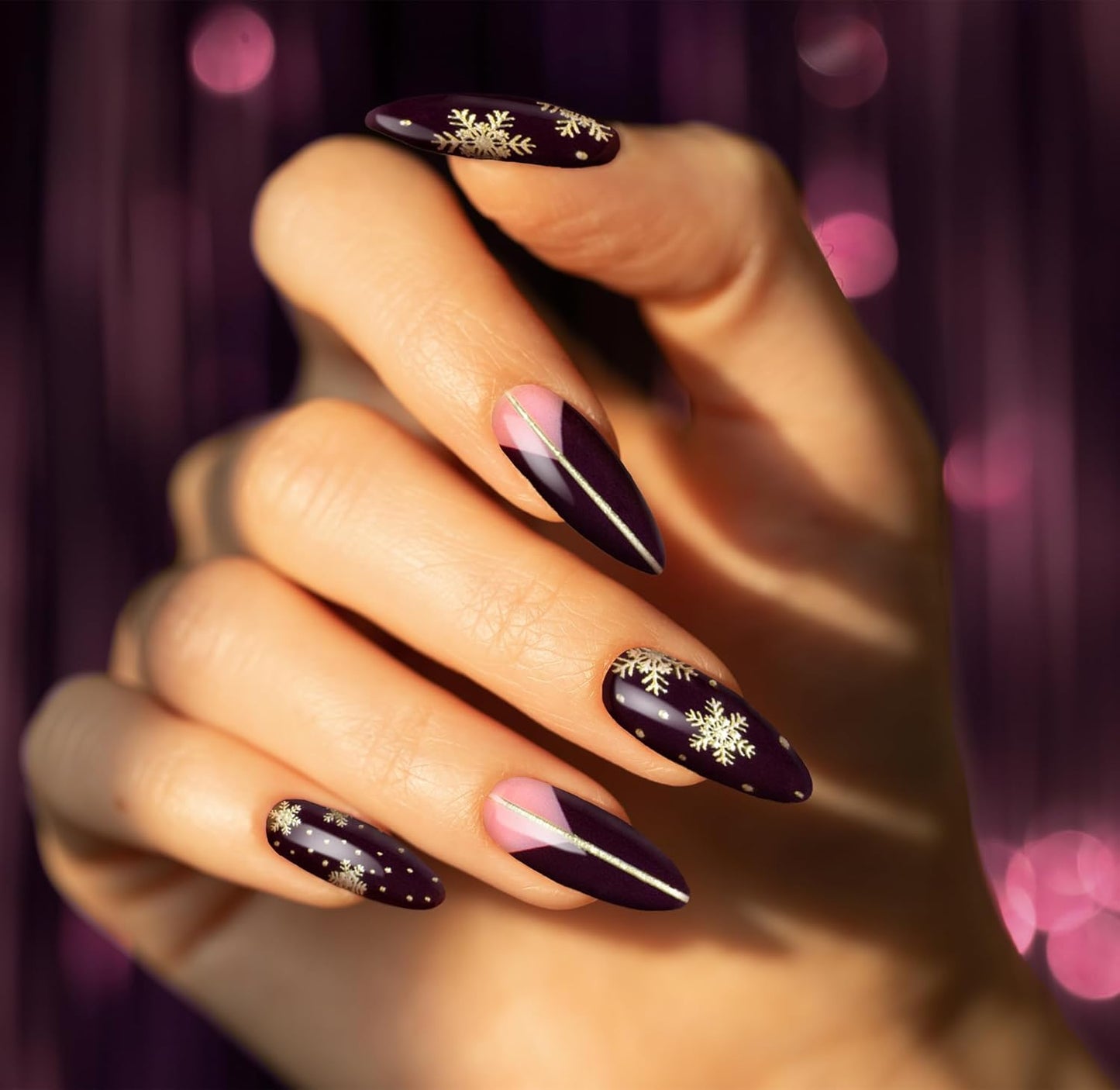 Semi Cured Gel Nail Strips-Holiday Gel Nail Art Stickers Kit Christmas Themed Press On Manicure (Plum Gold Snowflake)