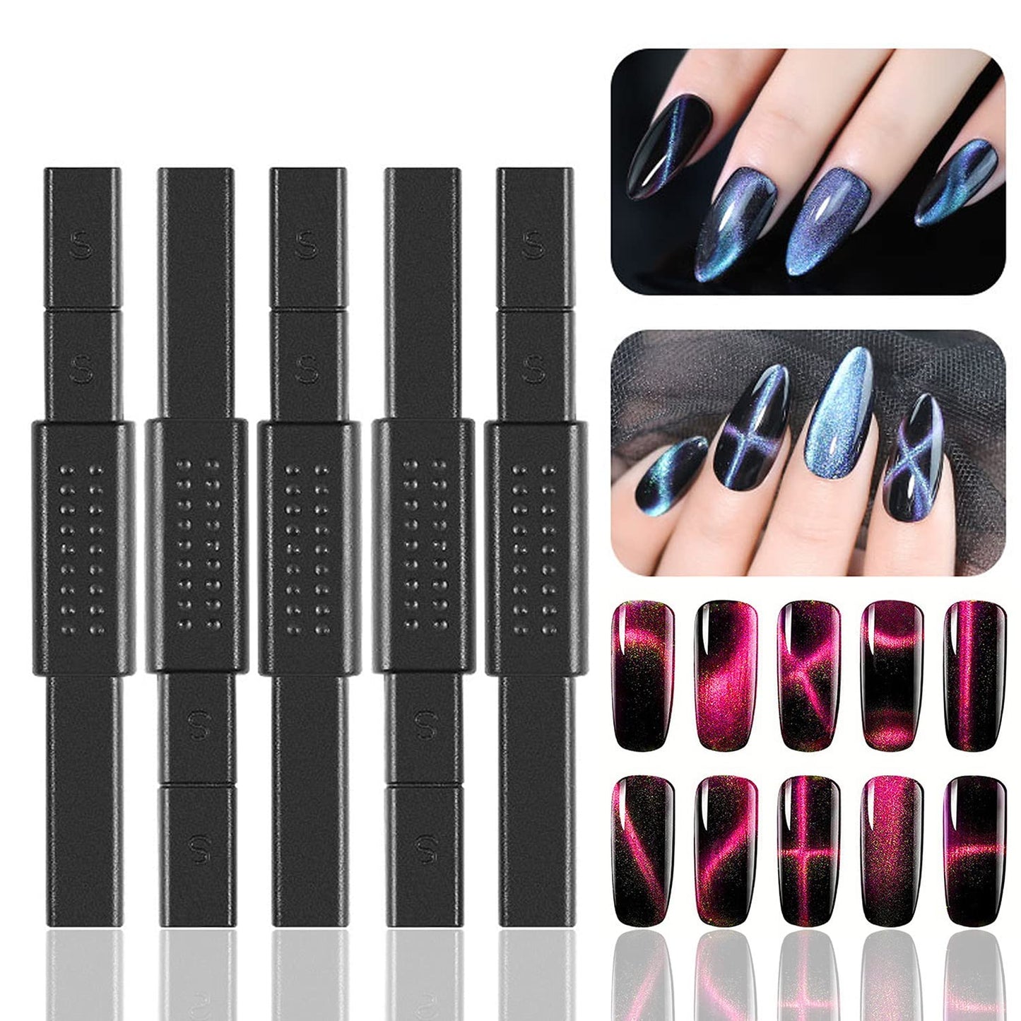 JERCLITY 5 Pieces Nail Magnet Stick Cat Eye Tool Multi-Function Board 3D Magnetic Wand Strong Stick for Cat Eye Gel Polish DIY Nail Art