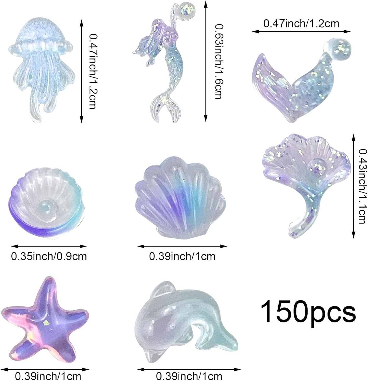 150PCS Beach Nails Charms, Summer Ocean Series 3D Resin Nail Rhinestone Mixed Sea Shell Starfish Dolphin Fishtail Nail Gem for Women Girls Manicure DIY Crafts Accessories