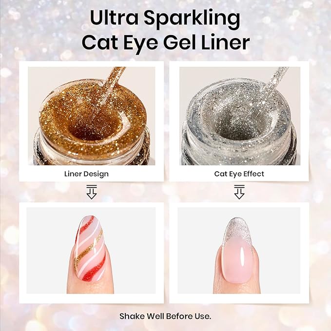 Beetles Nail Art Polish- 2 Colors Cat Eye Liner Gel Polish Gold Sliver Glitter Gel Nail polish Soak Off UV Built Thin Nail Brush in Bottle Gifts for Women