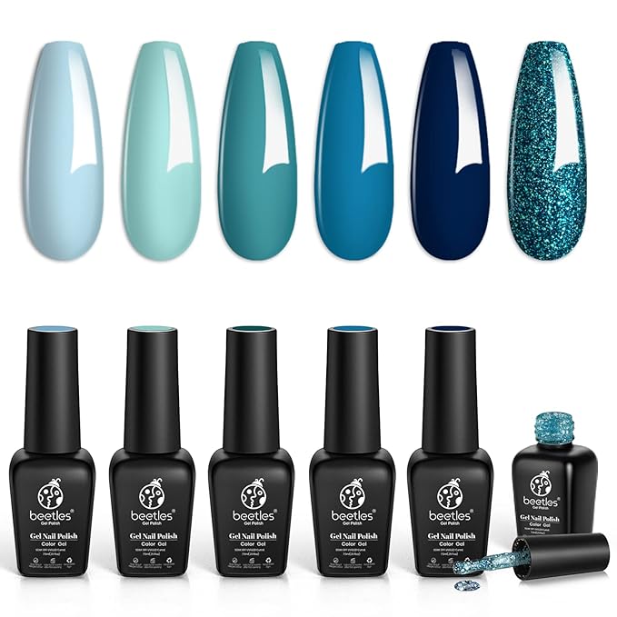 Beetles Blue Navy Gel Polish, Dark Blue Glitter Mint Green Navy Teal Jewel Tones Sparkle Gel Nail Kit Fall Nails Design Soak Off UV DIY Manicure Gift for Girls Women