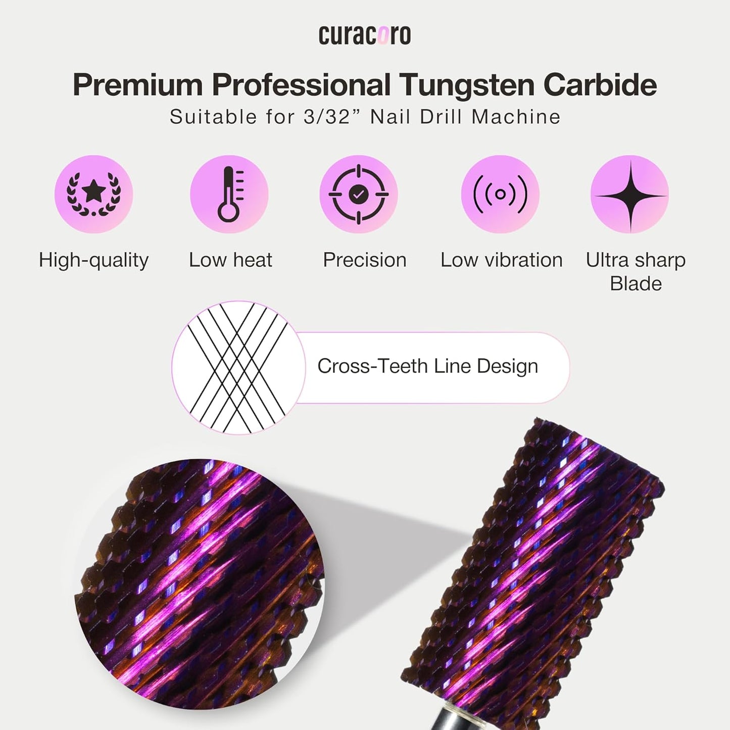 Curacoro Nail Drill Bits 3/32'' - Safe Smooth Stop Large Barrel Carbide Bit (Coarse), Fast Remove Acrylic or Gel Nails, Long-lasting Bits for Nail Beds, Nail Art Salon & Home