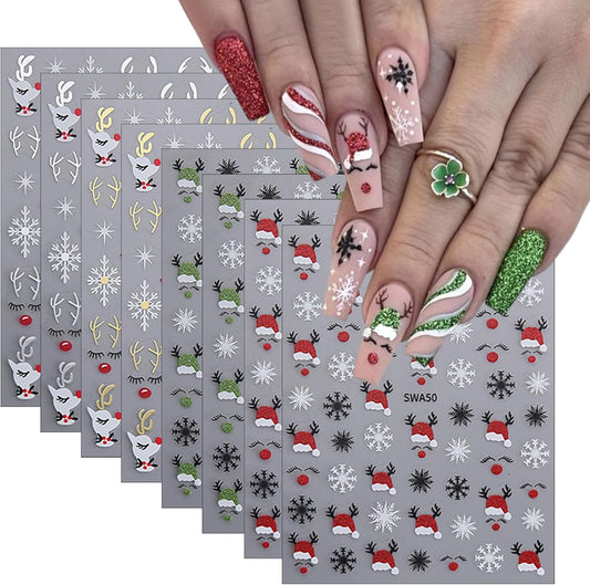 8 Sheets Christmas Nail Art Stickers 3D Self-Adhesive Hot Stamping Elk Snowflake Nail Stickers Glitter Christmas Hat Nail Decals Acrylic Nail Supplies for Women Girls DIY Manicure Decoration