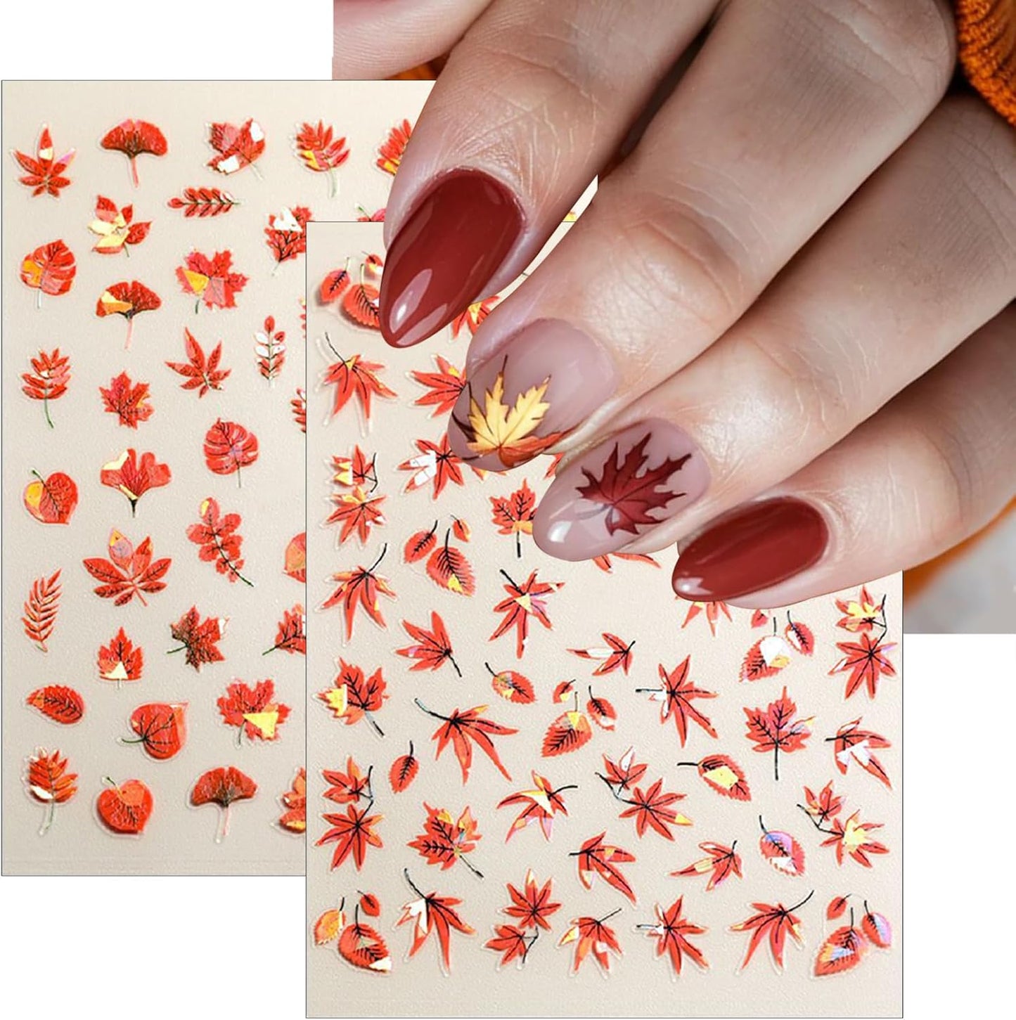 8 Sheets Fall Nail Stickers for Nail Art 3D Magic Maple Leaf Nail Decals Self-Adhesive Hot Stamping Leaves Nail Stickers Fall Ginkgo Leaf Design Sticker for Women Thanksgiving Manicure Decoration
