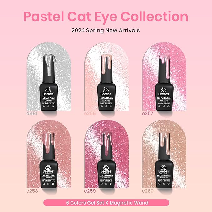 Beetles Pink Cat Eye Gel Nail Polish Set - 6 Colors Nude Pink Silver Cat Eye Glitter Gel Polish Kit with Magnet Soak Off UV Fall Winter Velvet Gel French Nail Art Design Manicure Gift for Women